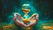 A pair of hands holding a small hourglass the sand slowly trickling down from one chamber to the other representing the concept of time and the cyclical nature of life.