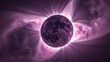   A sun in shades of black and purple, encircled by clouds, floats in a midnight sky of similar hues A notable object occupies the image's center