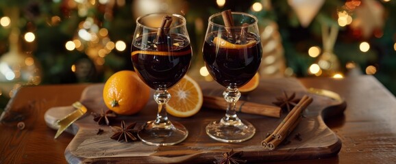 Wall Mural - Two glasses of mulled wine on a wooden board, with oranges and cinnamon sticks. Christmas decorations in the background, leaving space for text, Background Image,Desktop Wallpaper Backgrounds, HD