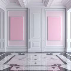 empty baby room, 2 canvas, grey marble flooring, white and pink walls,. photo turns to the right