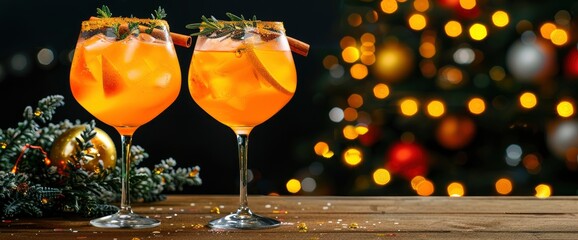 Wall Mural - Winter apple spiced cocktail with cinnamon, thyme and honey in glasses on a wooden table against a dark background, Background Image,Desktop Wallpaper Backgrounds, HD