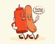 Groovy Hotdog Retro Characters Label. Cartoon Sausage and Ketchup Bottle Walking Smiling Vector Food Mascot Template. Happy Vintage Cool Fast Food Illustration with Typography Isolated
