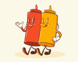 Groovy Hotdog Retro Characters Label. Cartoon Sausage and Mustard Bottle Walking Smiling Vector Food Mascot Template. Happy Vintage Cool Fast Food Illustration with Typography Isolated