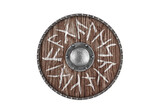 Fototapeta Tęcza - Old wooden round shield decorated with runes isolated on white background