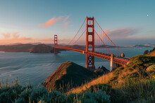 The Golden Gate Bridge Bathed In The Warm Glow Of Sunset, Showcasing The Iconic San Francisco Landmark