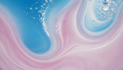 Poster - Abstract painting in shades of blue and pink with bubbly textures created using fluid art techniques