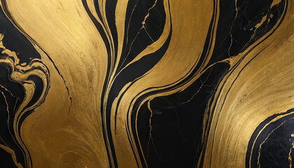 Poster - Detailed close-up of elegant black and gold wallpaper design, showcasing intricate patterns and textures