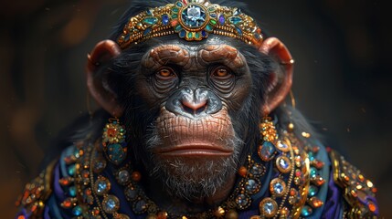 Sticker -   A tight shot of a monkey wearing a crown and adorned with a jeweled collar