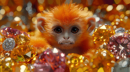 Wall Mural -   A tight shot of a monkey amongst diamonds and jewel-encrusted items, backed by a hazy golden-orange backdrop