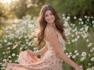 Poster - A woman in a pink dress is standing in a field of flowers. She is smiling and she is enjoying herself. Concept of happiness and freedom, as the woman is surrounded by nature and is able to move