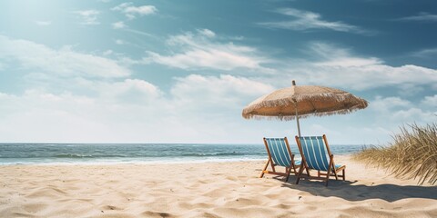 Two blue beach chairs and a large straw umbrella on a sunny sandy beach.