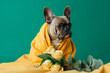 Doggie holding flowers on a green background. AI Generated
