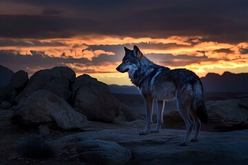 Canvas Print - wolf howling at sunset