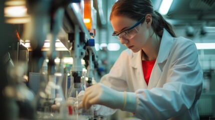 Poster - An engineer is conducting experiments in a science lab, wearing a lab coat. AIG41