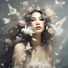 Poster - beautiful young woman with white flowers.