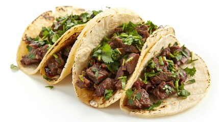 Poster - Tasty tacos featuring meat and parsley on a white background