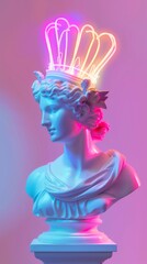 Wall Mural - Neon-lit classical sculpture with neon crown