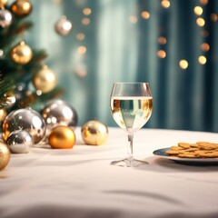 Wall Mural - glasses of champagne and christmas decorations on table glasses table