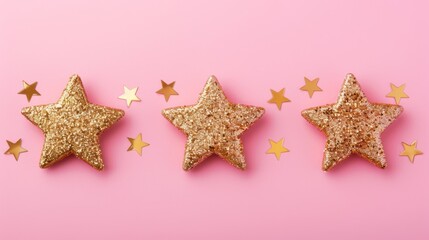 Three glittering stars on a pink background