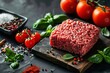 Raw minced meat, forcemeat on black stone background, spices, tomato, herbs. Prime ground meat. Fresh red mince with pepper, salt. Dark cutting board. Food magazine style. Chief menu BBQ. Diner recipe