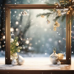 Canvas Print - christmas background with fir tree branches and snow on wooden table. background.