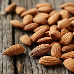 Scattered Almonds on Wooden Table, Rustic Food Background