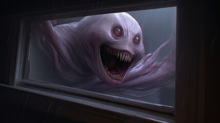 Wall Mural - A creepy scary creature in the dark. The concept of horror and fear. A fearsome grin in the darkness.