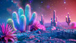 cactus tree blue and pink lighting background - Generative AI 