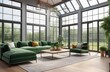 © Krystsina - Overall plan. Interior of a modern living room with the concept of an industrial and green home with large panoramic windows and comfortable furniture