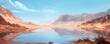 Surreal desert landscape with reflective water body and mountainous backdrop