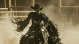 Fototapeta  - In the midst of a dusty arena the Gothic Rodeo Queen reigns supreme her shimmering black top and fringed sleeves billowing behind her as she rides. .