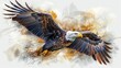 Various layers of watercolor artwork depicting a soaring bald eagle on a white background. Modern art. Portrait of the eagle on a white background.
