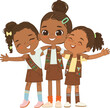 Happy African American multi aged Brownies girls scout hug. Girls Scout happily hug and smile. Girl together. Brownies Girls Scout