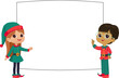 Cute little Christmas elves on a white background showing a blank poster