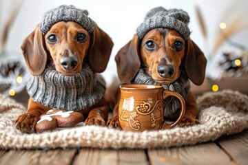 Festive Bavarian Dachshund Duo, Adorned in Traditional Attire, Poised with Gingerbread and Beer Mug,