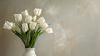 White tulips in a ceramic vase against a textured background