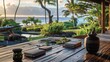 an outdoor sleek modern home office nestled within a luxury villa, boasting views of Hawaii's breathtaking beachfront, complete with a chic desk and chair overlooking lush greenery and palm trees.