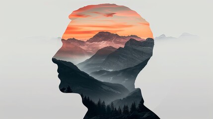 Wall Mural - Double exposure combines a man's face, high mountains and forest. Panoramic view. The concept of the unity of nature and man. Dream, reminisce or plan a climb. Memory of a mountaineer. Illustration.