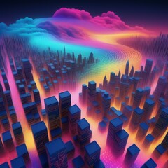 Sticker - futuristic city landscape background with neon light.