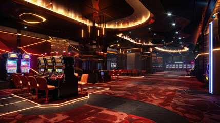 A casino with a red carpet and neon lights