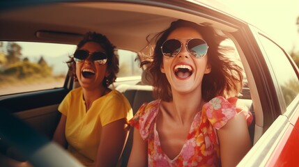 adult women in the car on a road trip or in the car in the summer for a trip.