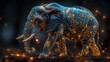   An elephant stands in the night, trunk encircling head, aglow with surrounding lights