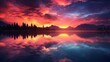 An image of a vibrant sunset over a serene lake, with colorful reflections shimmering on the water.