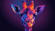 An abstract, colorful graphic representation of a giraffe on a dark purple background.