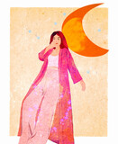 Fototapeta Las - Ilustracja młoda kobieta w długim płaszczu oparta o księżyc.