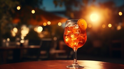 Wall Mural - Aperol Spritz cocktail on restaurant table outside, summer night.