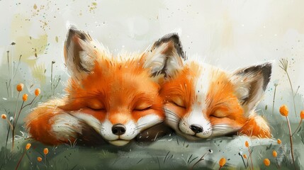 Wall Mural - Handdrawn sketch portrait of two smiling sleeping little foxes on a white background with foxes on their side.