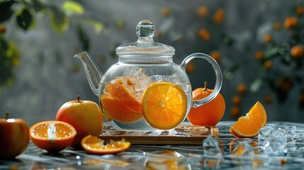 Wall Mural - Glass tea kettle with sliced apple and orange