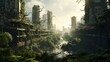 Visualize a dystopian city overrun by nature, where bioengineered flora intertwines with decaying skyscrapers Show sleek, AI-controlled robots amidst overgrown ruins, blending greenery with high-tech