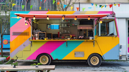 A colorful food truck with a rainbow stripe on the side